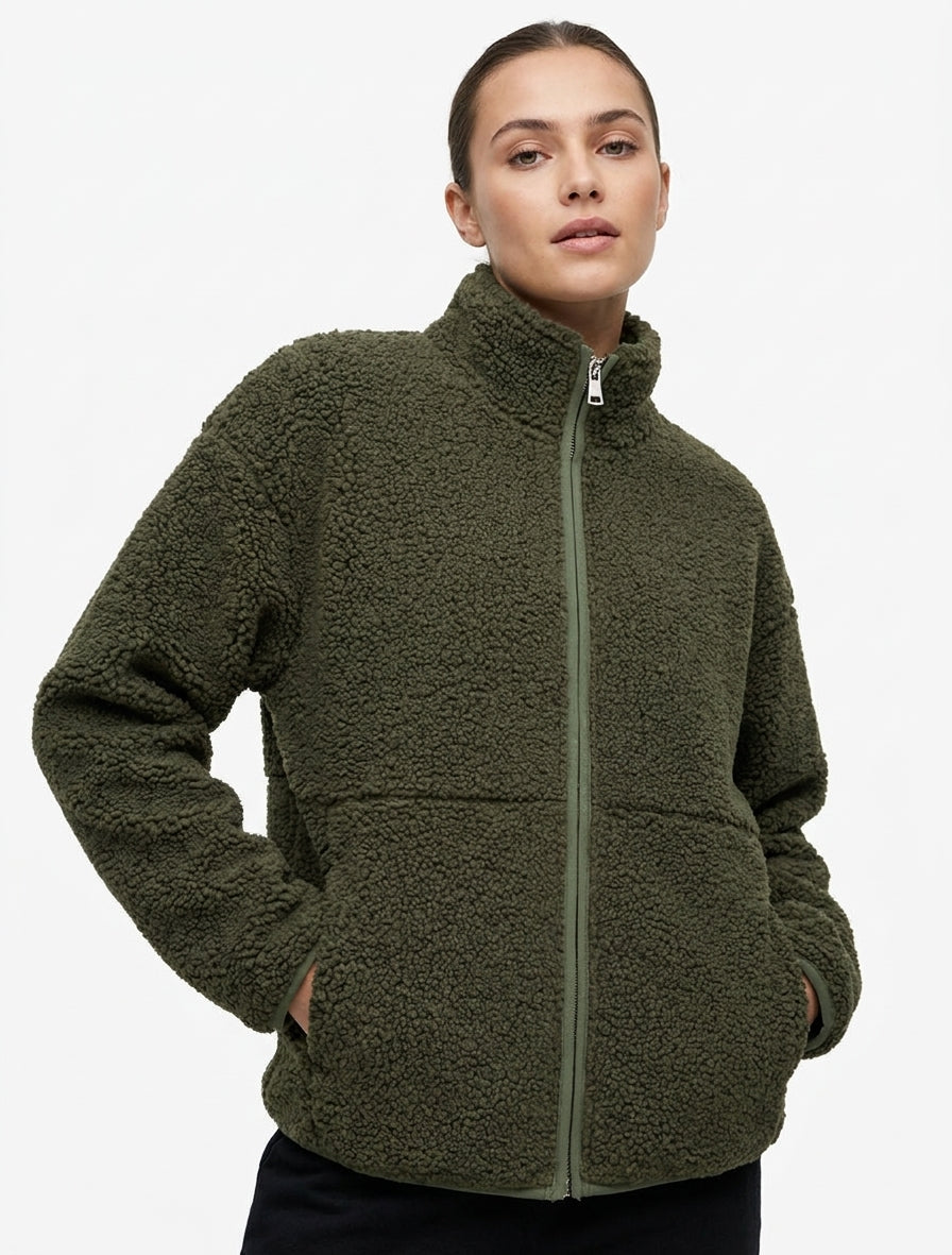 Veste effet laine bouclée à col montant - Kaki
