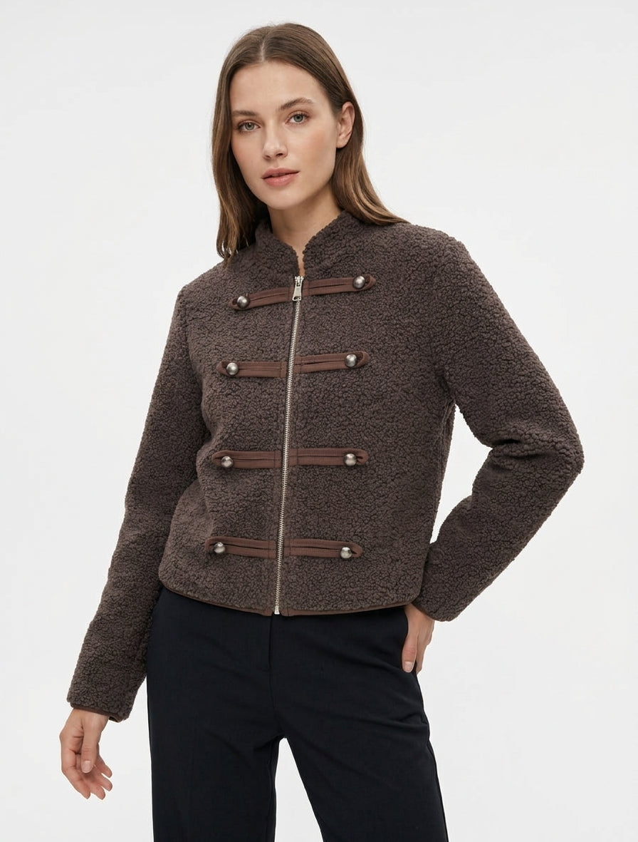 Veste effet laine bouclée style officier - Marron