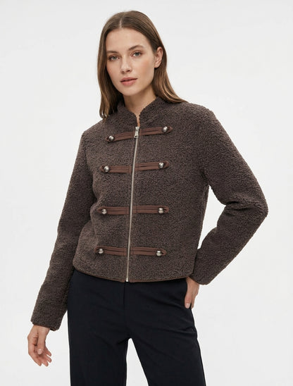 Veste effet laine bouclée style officier - Marron