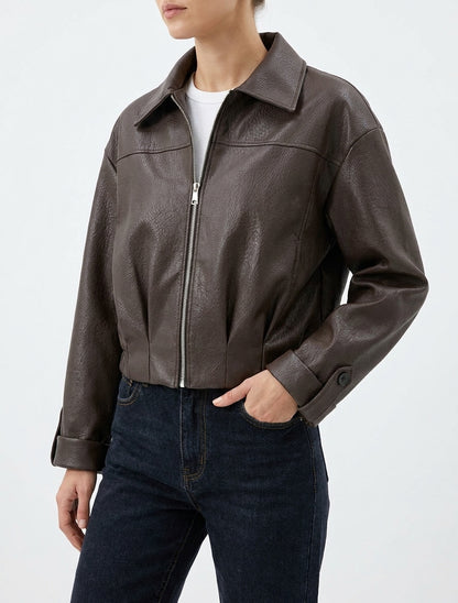 Blouson court en simili - Marron