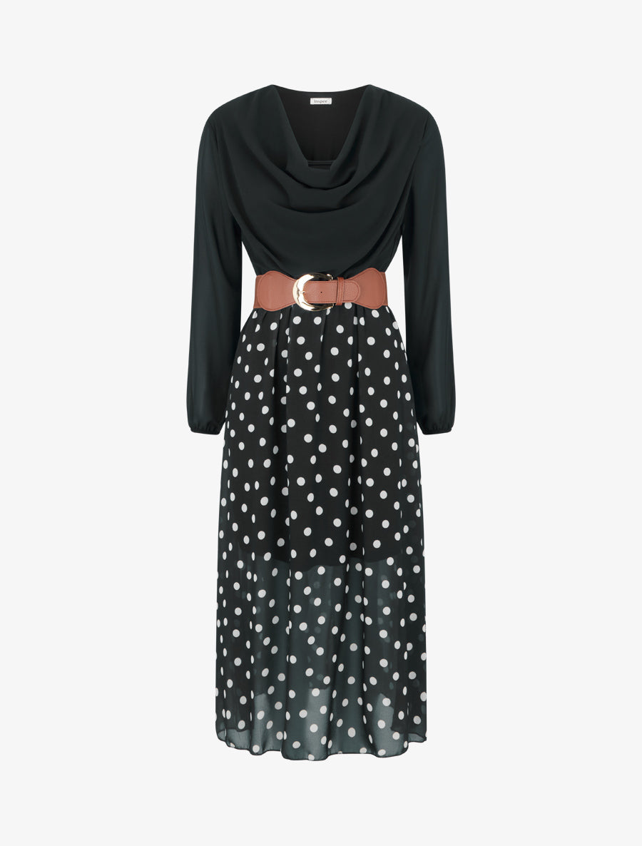 Robe droite à pois manches longues - Noir - 1