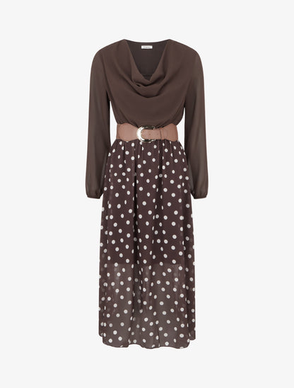 Robe droite à pois manches longues - Marron - 1