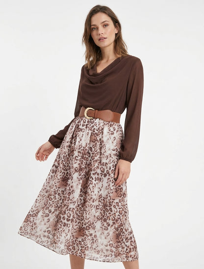 Robe droite léopard manches longues - Marron