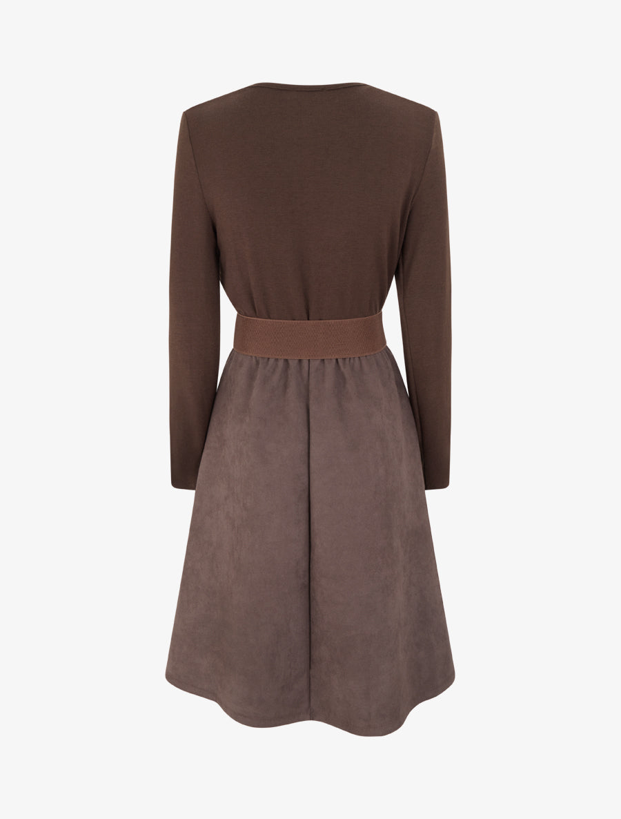 Robe bimatière à col bénitier - Marron - 2