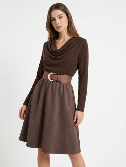 Robe bimatière à col bénitier - Marron