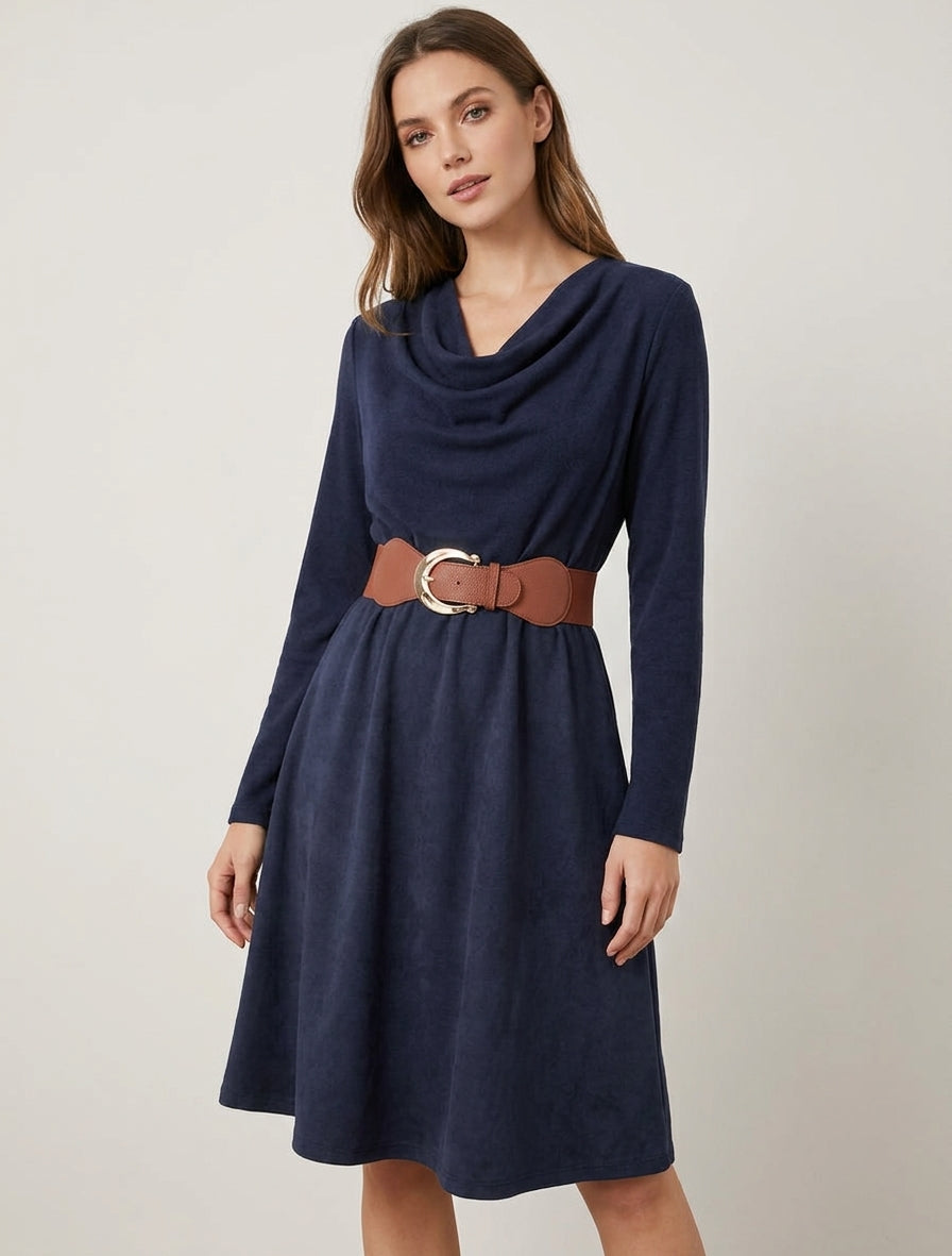 Robe bimatière à col bénitier - Marine