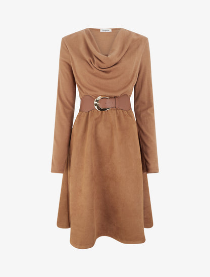 Robe bimatière à col bénitier - Camel - 1