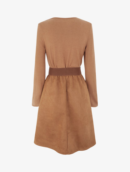 Robe bimatière à col bénitier - Camel - 2