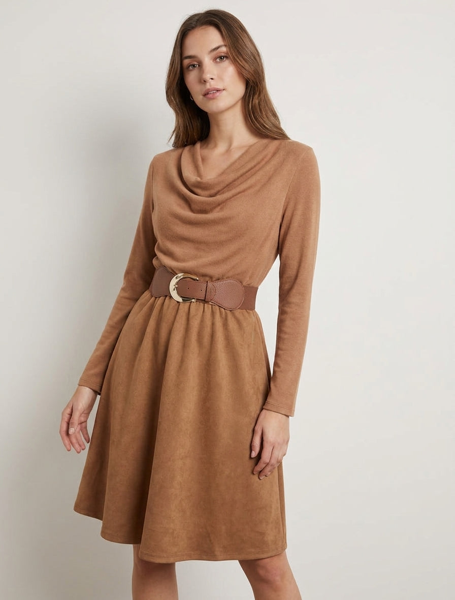 Robe bimatière à col bénitier - Camel