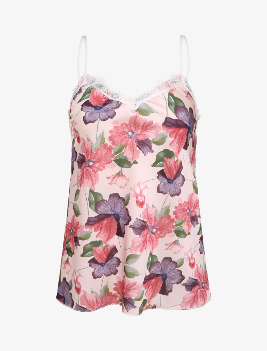 Caraco droit imprimé hibiscus et dentelle - Rose pâle - 1