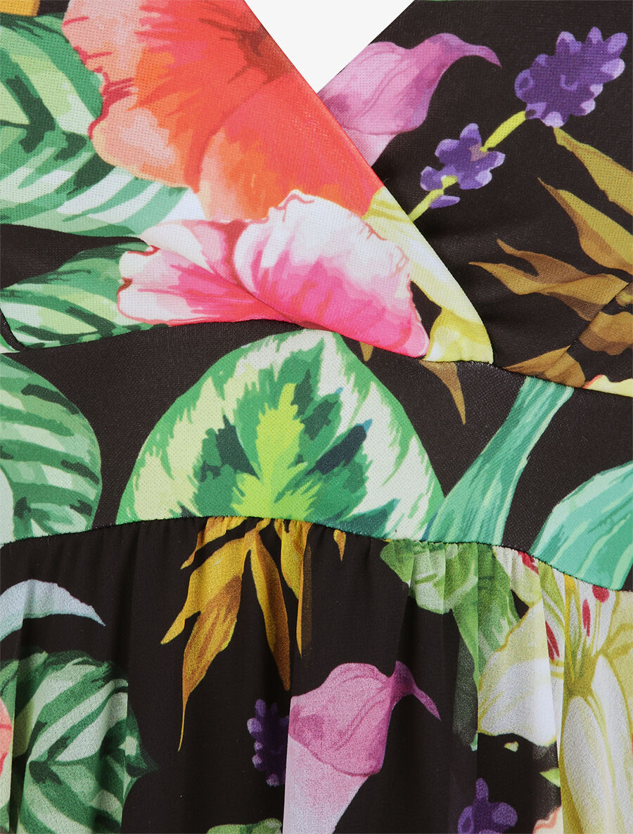 Robe empire mi-longue asymétrique imprimé hibiscus - Noir - 3