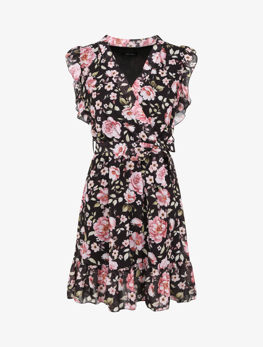 Robe patineuse mi-longue imprimé roses - Noir - 4