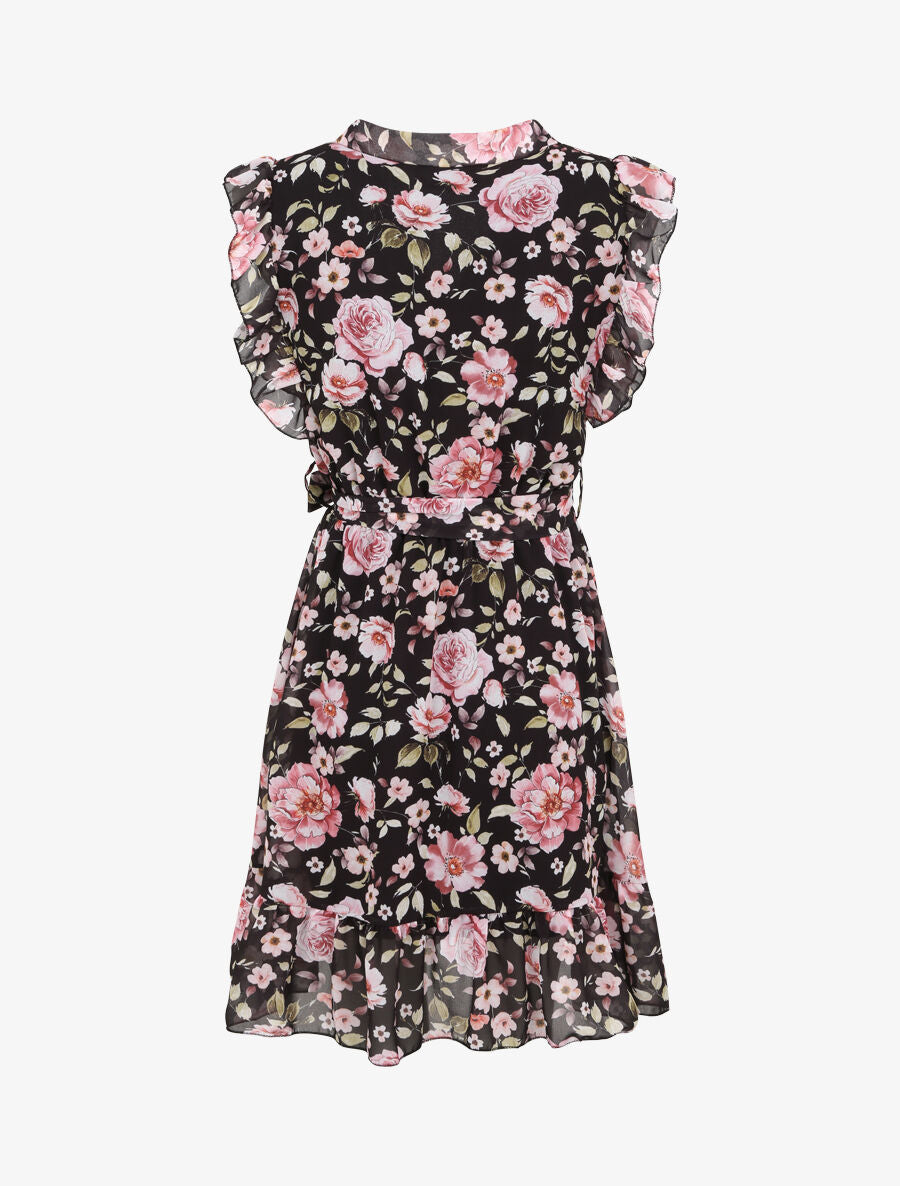 Robe patineuse mi-longue imprimé roses - Noir - 2