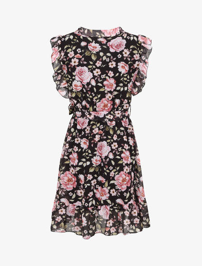 Robe patineuse mi-longue imprimé roses - Noir - 2
