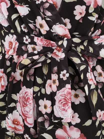 Robe patineuse mi-longue imprimé roses - Noir - 3