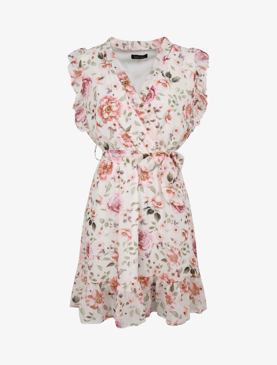 Robe patineuse mi-longue imprimé roses - Beige - 1