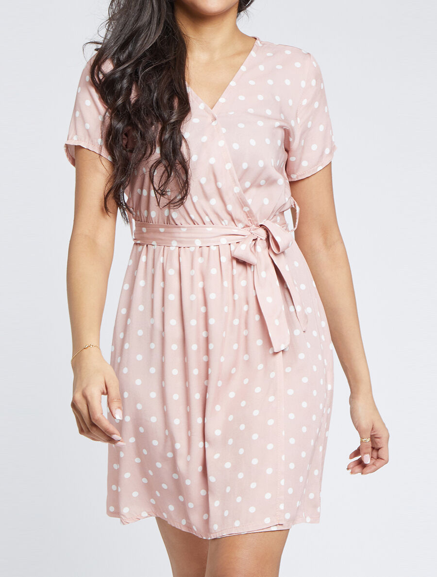 Robe courte portefeuille imprimé pois - Rose poudré - 4