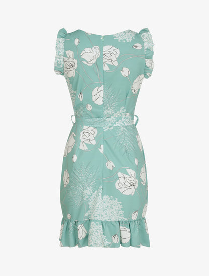 Robe imprimé fleurs sauvages à bords volantées style portefeuille - Vert d&