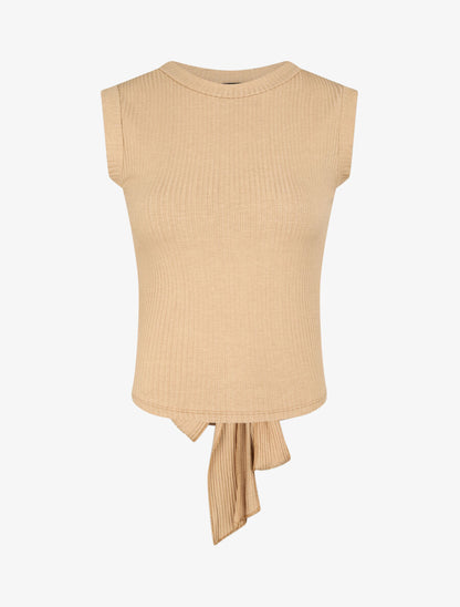 Top côtelé à ceinture à nouer - Camel - 1