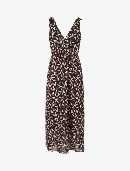 Robe imprimé feuilles à bretelles à détail noeud - Noir - 1