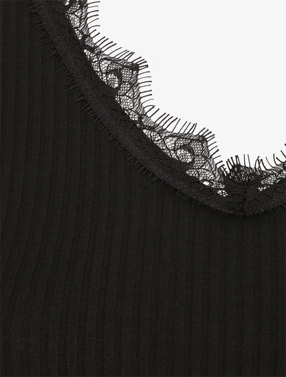 Débardeur droit côtelé à col dentelle - Noir - 3