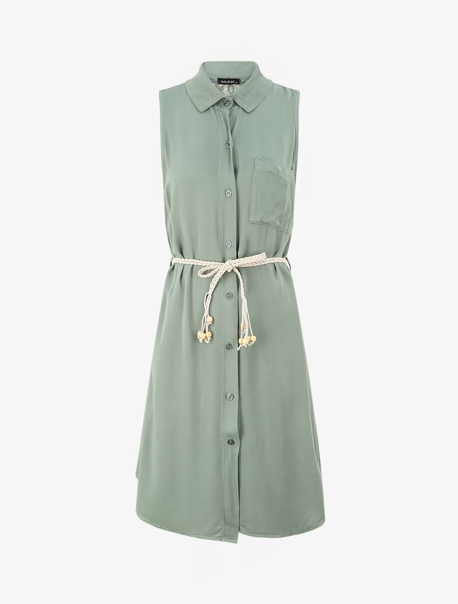 Robe chemise mi-longue unie sans manches - Vert olive - 1