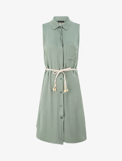 Robe chemise mi-longue unie sans manches - Vert olive - 1