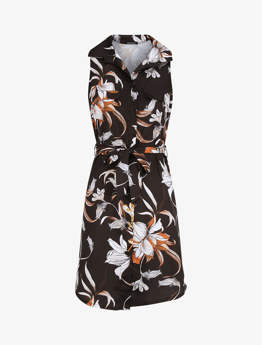 Robe chemise droite sans manches imprimé floral - Noir - 2