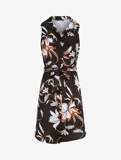 Robe chemise droite sans manches imprimé floral - Noir - 2