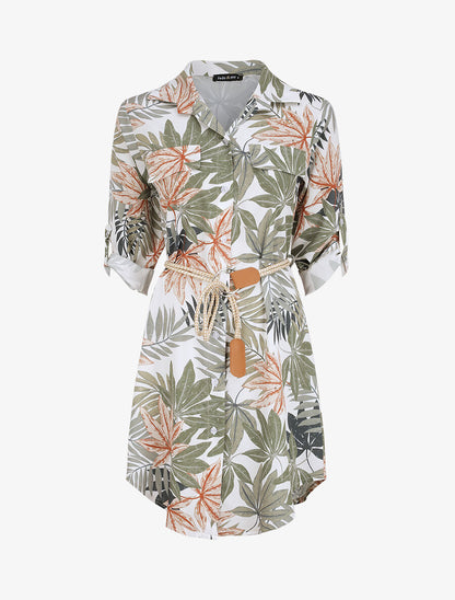 Robe chemise droite imprimé tropical - Blanc - 1