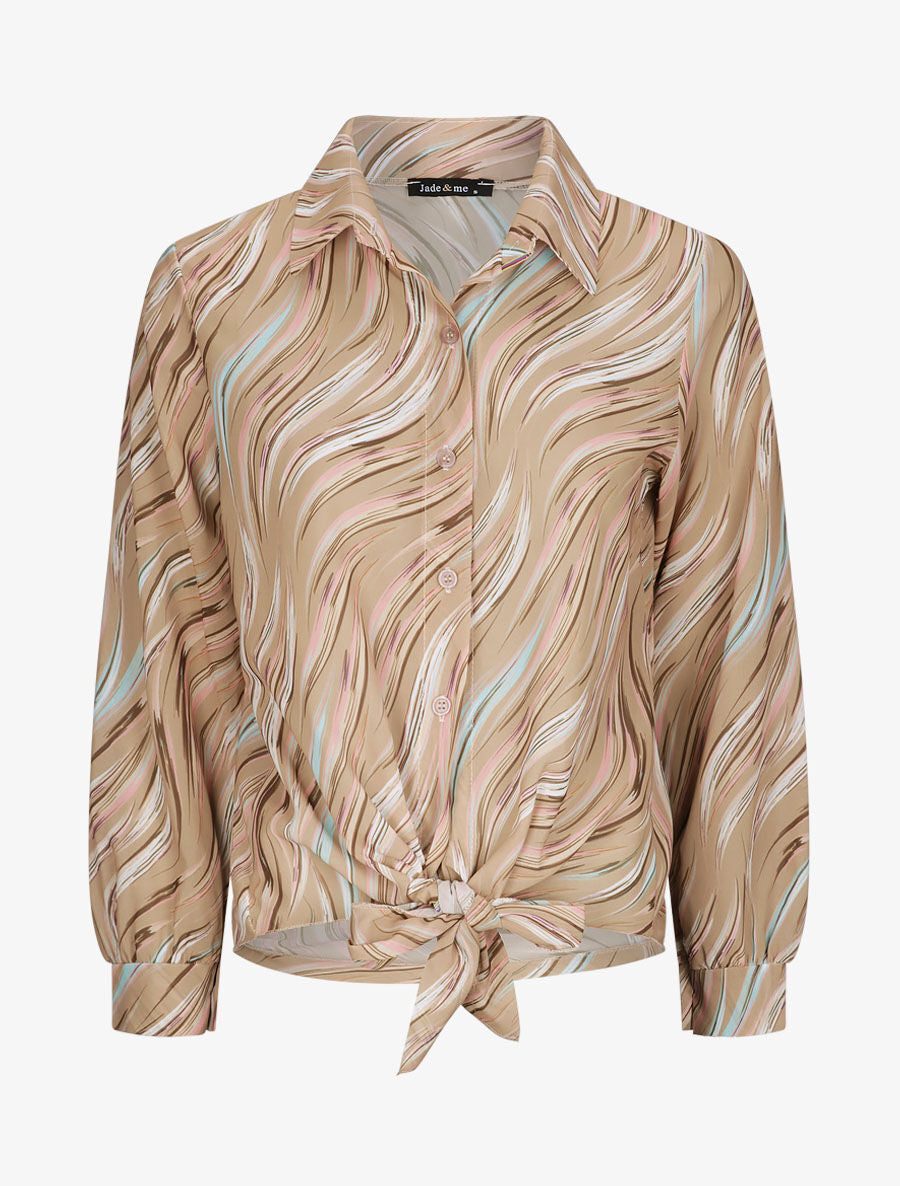 Chemise droite à nouer imprimé lignes stylisées - Camel - 5