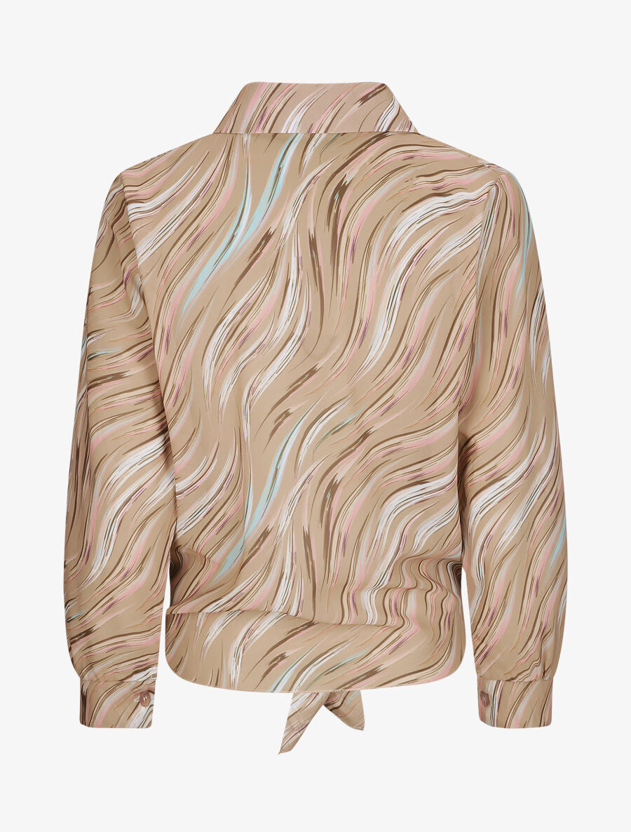 Chemise droite à nouer imprimé lignes stylisées - Camel - 2