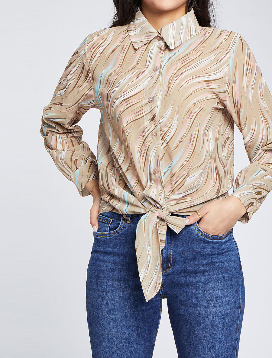Chemise droite à nouer imprimé lignes stylisées - Camel - 4