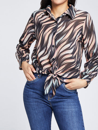 Chemise droite à nouer imprimé lignes stylisées - Noir - 4