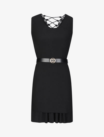 Robe courte droite à dos en crochet - Noir - 4