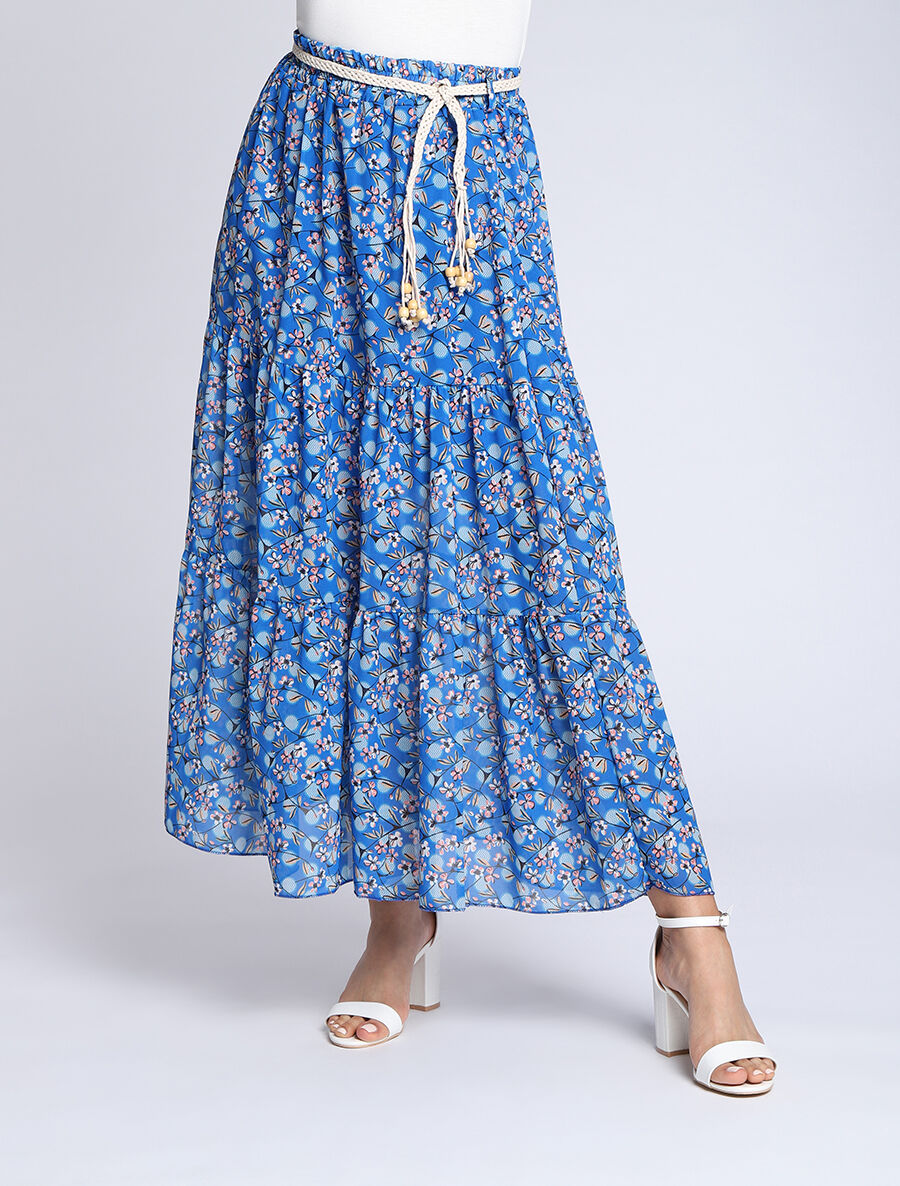Jupe longue en voile imprimé fleurs et pois - Bleu - 4