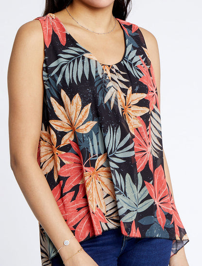 Top évasé sans manches imprimé feuilles d&