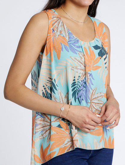 Top évasé sans manches imprimé feuilles d&