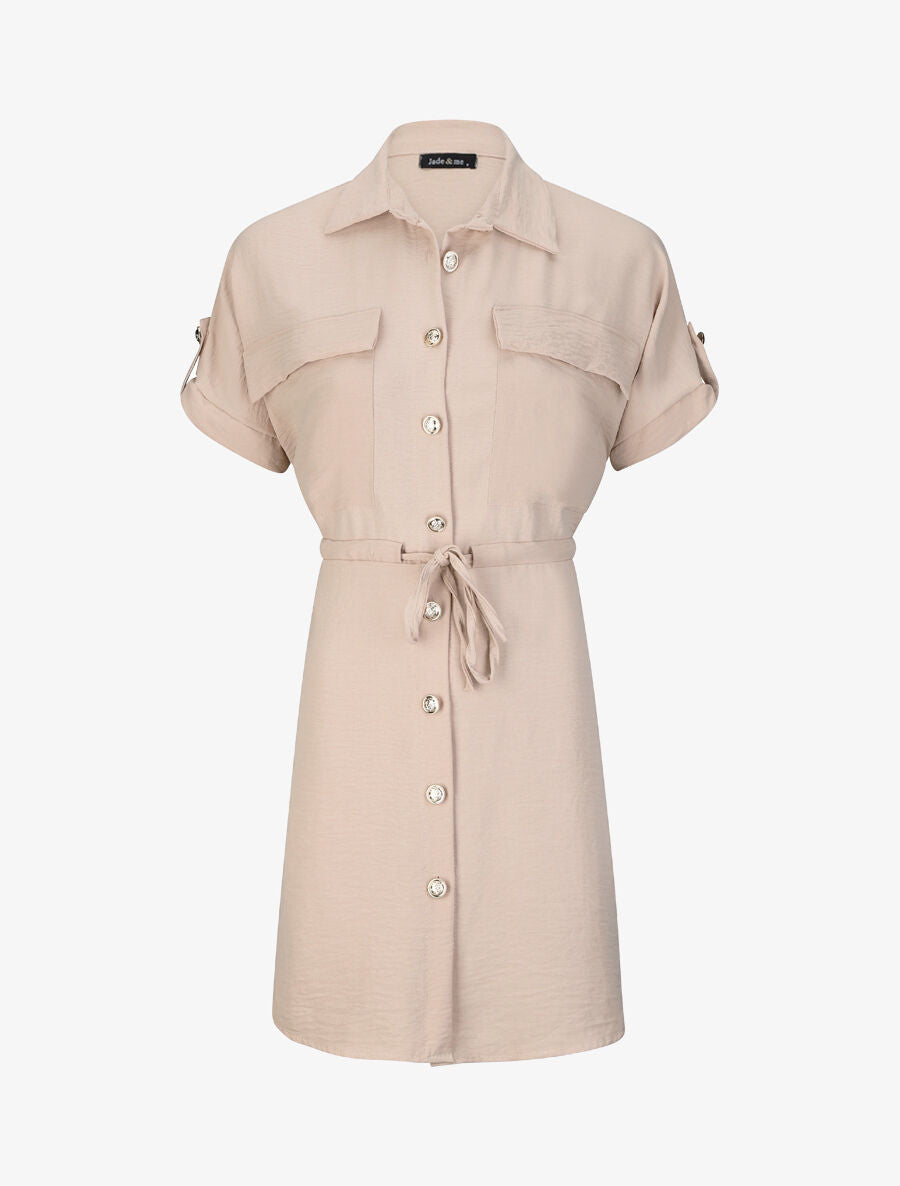 Robe chemise courte oversize unie à manches courtes - Beige - 2