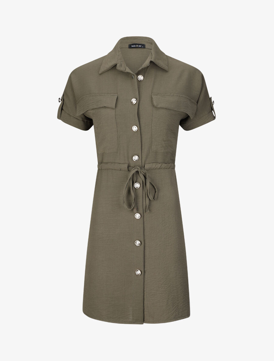Robe chemise courte oversize unie à manches courtes - Kaki - 5