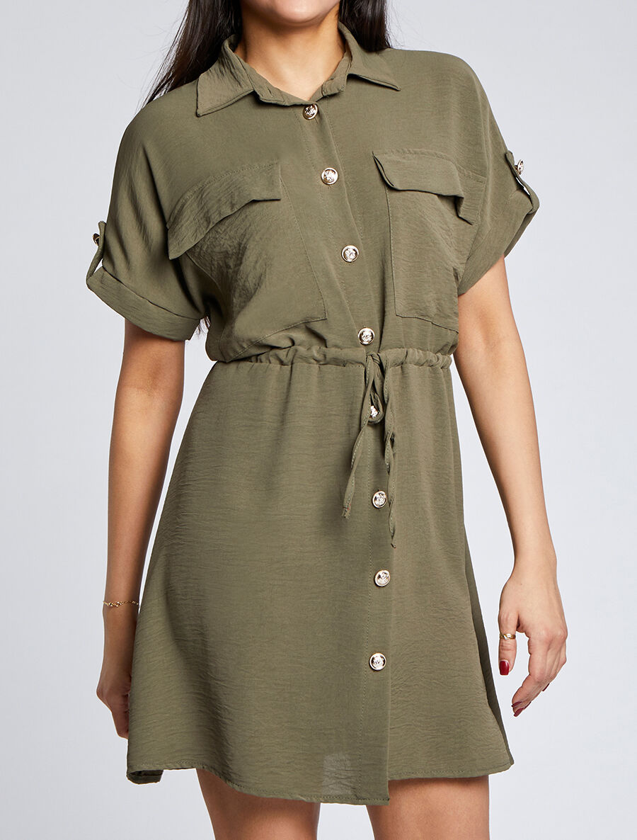 Robe chemise courte oversize unie à manches courtes - Kaki - 4