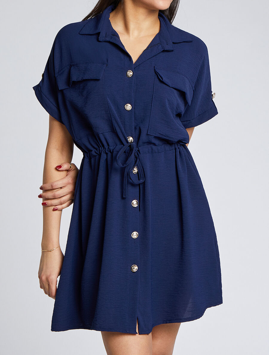 Robe chemise courte oversize unie à manches courtes - Marine - 4
