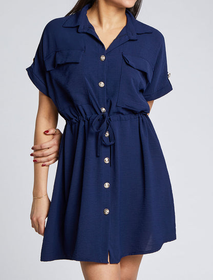 Robe chemise courte oversize unie à manches courtes - Marine - 4