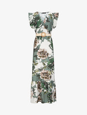 Robe longue à imprimé tropical et manches volantées - Kaki - 5