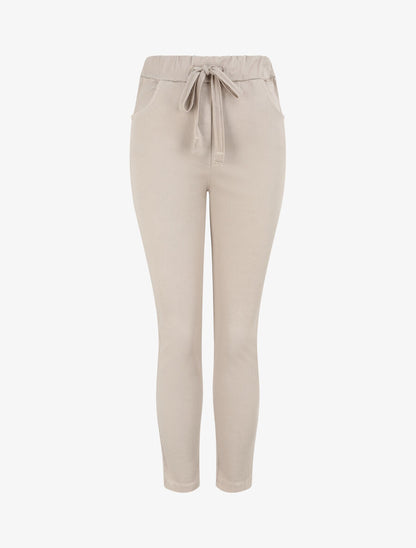 Pantalon slim uni à taille haute élastiquée - Beige - 4