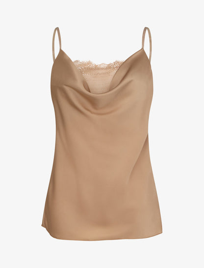 Caraco droit satiné à col bénitier et dentelle - Beige - 4