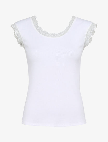 Top droit côtelé à bords en dentelle - Blanc - 1