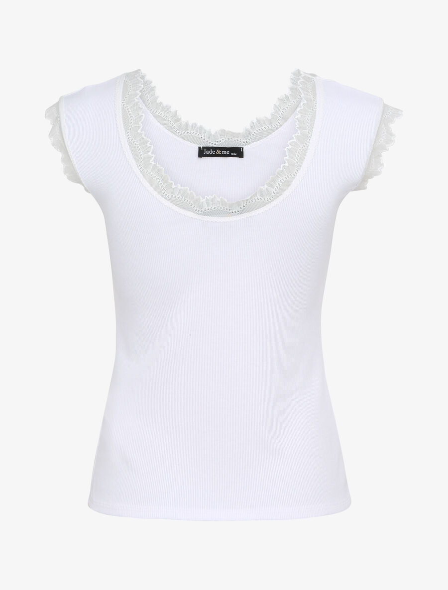 Top droit côtelé à bords en dentelle - Blanc - 2