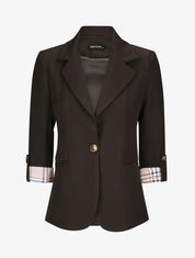 Blazer droit uni manches 3/4 à revers carreaux - Noir - 4