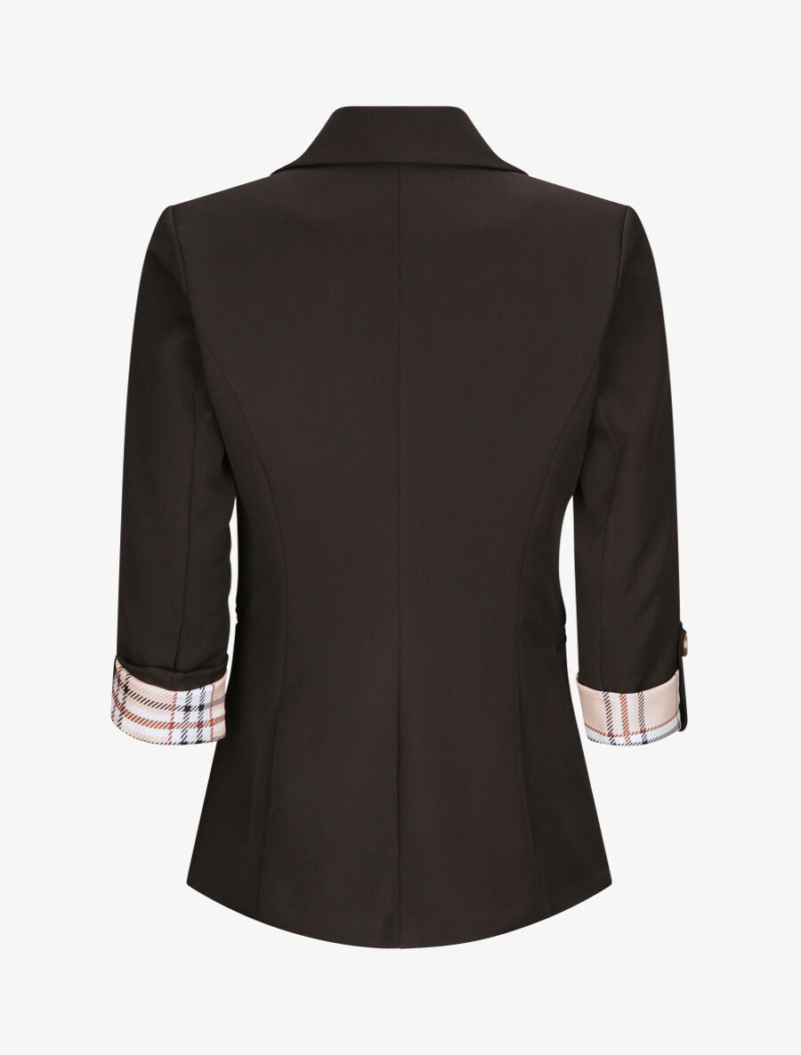 Blazer droit uni manches 3/4 à revers carreaux - Noir - 2